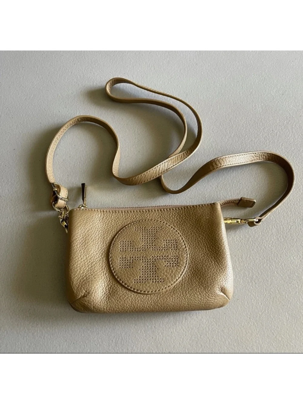Tory Burch Perforated Logo Leather Crossbody - Tan